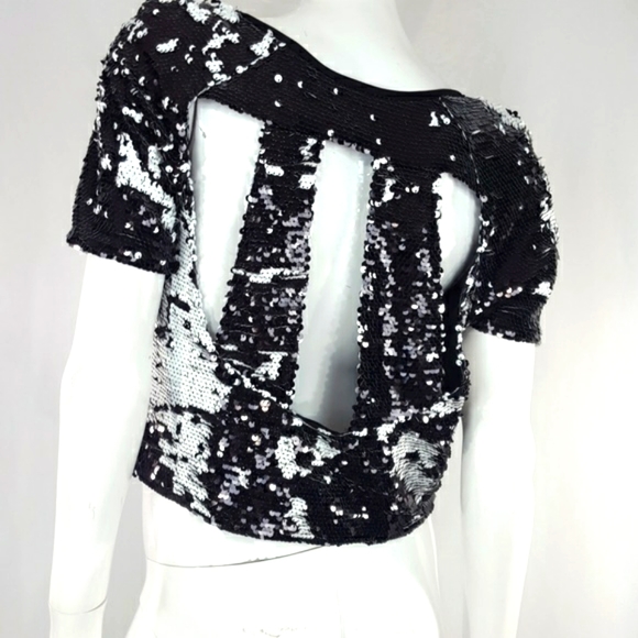ADDICTION black white sequins top M - Picture 1 of 8